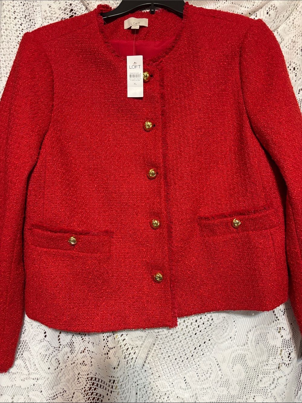 LOFT Red Tweed Gold-Button Collarless Blazer